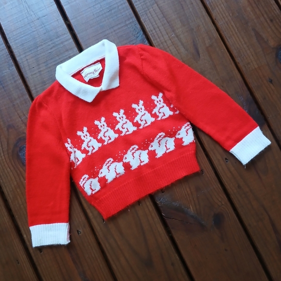 Vintage 80's baby little girls toddler red white bunny rabbit knit sweater - Picture 5 of 5